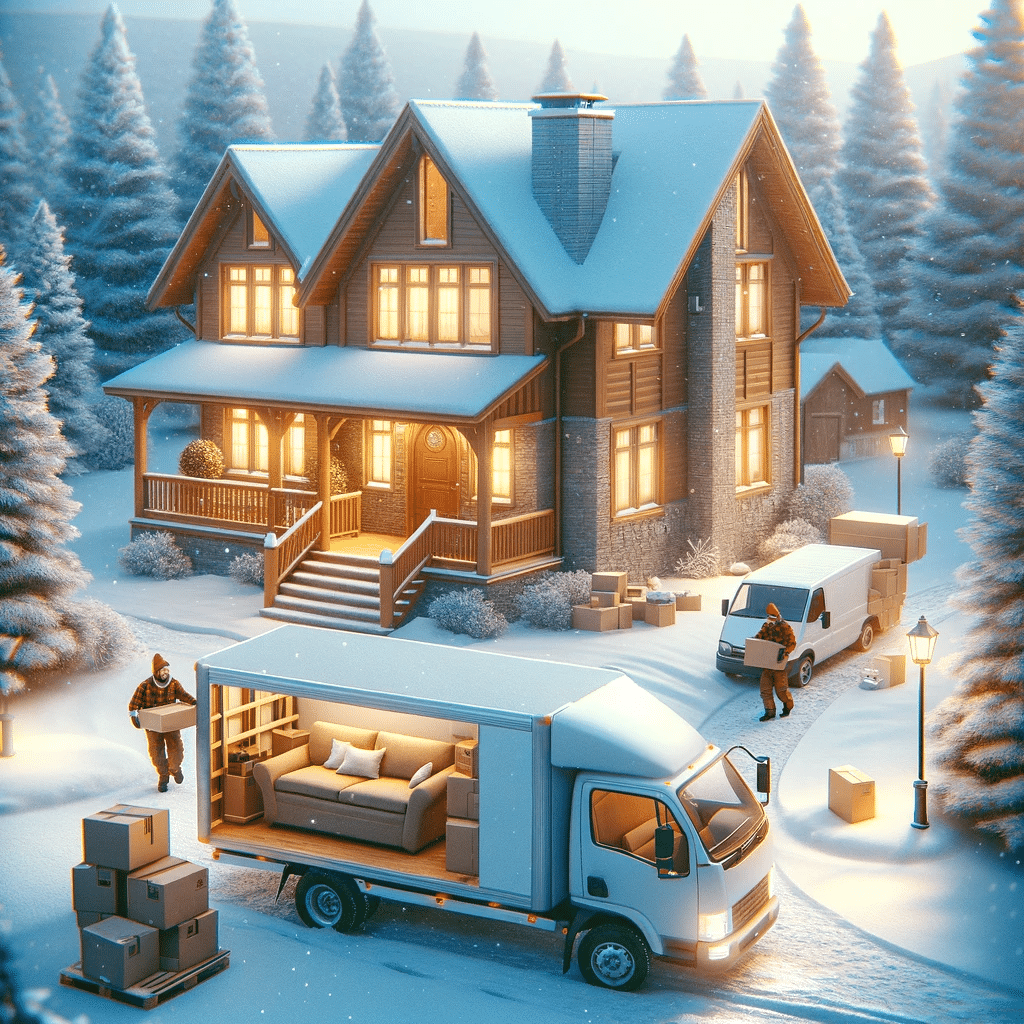 Scena ukazuje samochód przeprowadzkowy zaparkowany przed przytulnym domem w śnieżnym otoczeniu, co podkreśla atmosferę planowania i pracy zespołowej w malowniczym, zimowym ustawieniu.