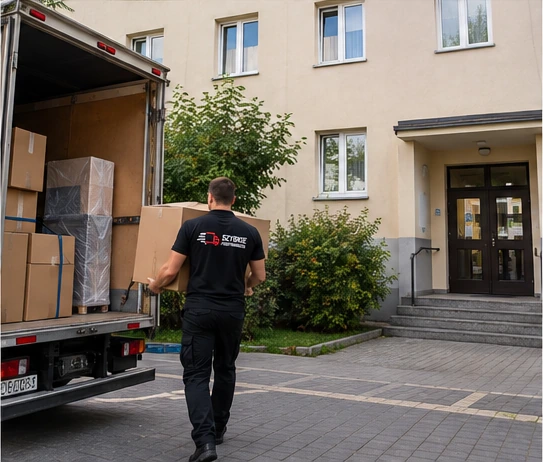 Pracownik niesie karton od samochodu przeprowadzkowego do wejścia do budynku
